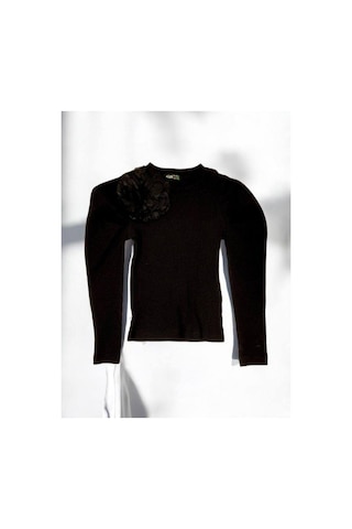 Kız Çocuk Kol Detaylı Çiçekli Fitilli Bluz-14802 Siyah