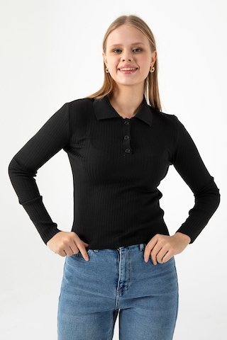 Giysa Kadın Polo Yaka Düğme Detaylı Fitilli Triko Body Siyah - 25k 2057 Siyah