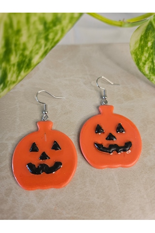 El Yapımı Polimer Kil Küpe - Paslanmaz Çelik Aparatlı Turuncu Cadılar Bayramı Bal Kabağı Figürlü Sallantılı Küpe Spooky Pumpkin