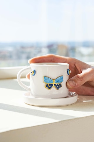Rivaistanbul Kelebek Amore El Yapımı Seramik Double Kahve Fincanı Mug Kupa Krem
