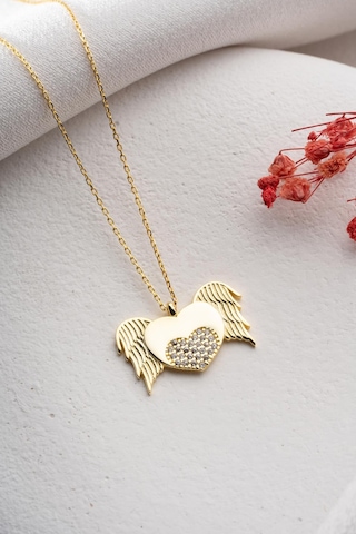 925 Ayar Gümüş Gold Kaplama Zirkon Taşlı Uçuşan Kalp Kolye Gold