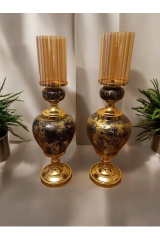 2'li Set Uzun Şamdan Mumluk - Gold Gold