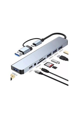 8 İn 1 Type-c Usb Hub Çoklayıcı Usb 3.0, Usb 2.0, Sd, Tf, Ses, Type-c Dönüştürücü-4938