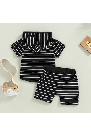 Haki Erkek Bebek Yaz Kıyafetleri Çizgili Kısa Kollu Kapşonlu Kazak Ve Günlük Elastik Büzgülü Şort Takım 0 - 6 Ay Haki