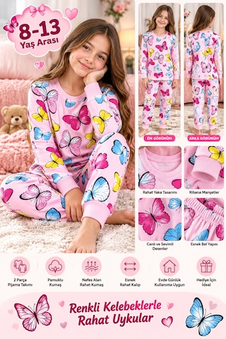 Üç Gül Ticaret Kız Çocuk 8-13 Yaş Kelebek Desenli Pijama Takımı Pamuklu Kumaş Pembe