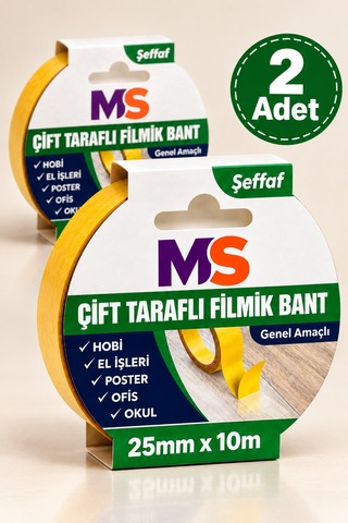 2 Adet Çift Taraflı Filmik Şeffaf Bant 25 Mm X 10 Metre Yapışkanlı Hobi Bandı El Çok Amaçlı Bantları