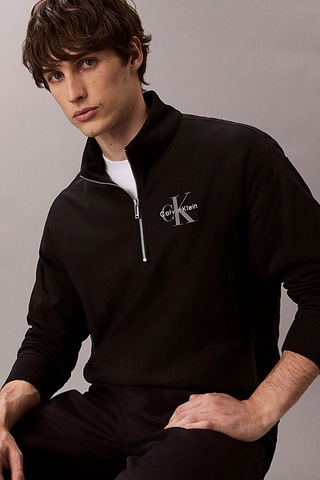 Calvin Klein Erkek Rahat Kalıp Yarım Fermuarlı Yüksek Yaka Sweatshirt - Siyah Black