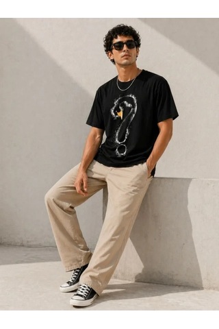 Defymoda Erkek Kuğu Figürlü Soru İşareti Baskılı Tişört Kısa Kol T-shirt - Siyah