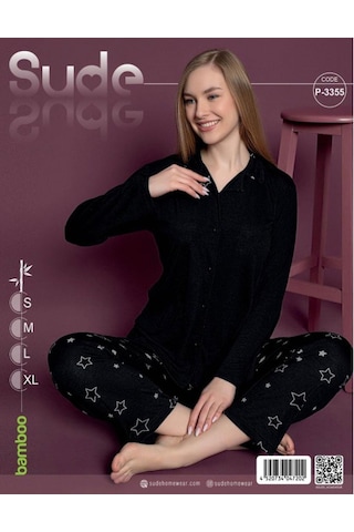 Sude Kadın Bambu Siyah Uzun Kol İnce Pijama Takımı S-3355 - 1 Adet 001