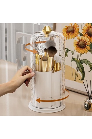 Şeffaf Kapaklı Makyaj Fırçası Saklama Kutusu Büyük Kapasiteli 360 Derece Dönen Makyaj Fırçası Şeffaf