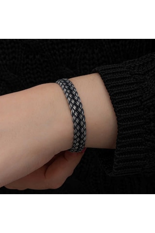 Premium 1000 Ayar İthal Gümüş Kazaziye Örgü Bileklik - 19 Cm Gümüş - Siyah 09740820