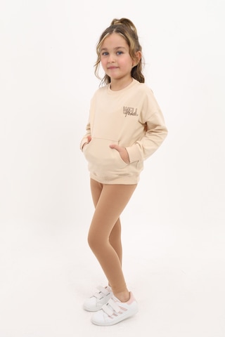 Toontoy Kids Kız Çocuk 2'li Takım Baskılı Bisiklet Yaka Düşük Omuz Sweatshirt & Basic Düz Tayt Bej
