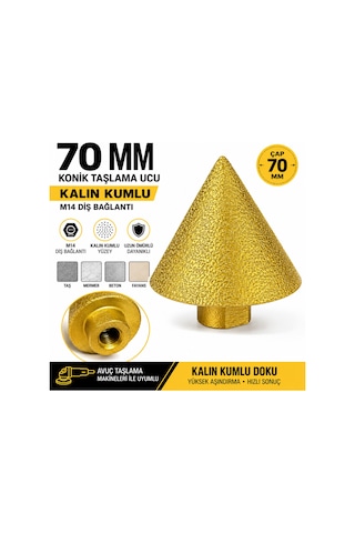 Senbang 70 Mm Konik Taşlama Ucu Kalın Kumlu M14 Bağlantılı Ahşap Oyma Taş Mermer Beton Şekillendirme Freze Ucu