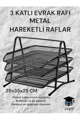 3 Katlı Metal Evrak Rafı Perfore Siyah Hareketli Raflar