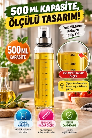 500 Ml Cam Yağlık Ölçekli Yağdanlık Kontrollü Dökme Başlıklı Kapaklı Zeytinyağı Şişesi Ve Sosluk Şeffaf