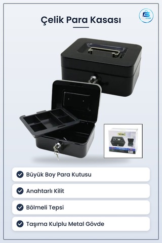 Çelik Para Kasası Büyük Boy Anahtarlı Tepsili Taşıma Kulplu Metal
