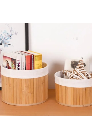 3'lü Bambu Yuvarlak Sepet - Çok Amaçlı Saklama Kutusu Bej
