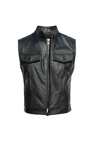 Hakiki Deri Motorcu Tarzı Yelek Siyah Renk Cepleri Fermuarlı