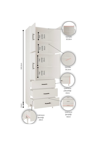 Aeka Ae-3020 Irmak 4 Kapaklı Çok Amaçlı Dolap 3 Çekmeceli Raflı Mutfak Kiler Banyo 195x63x35 Çok Amaçlı Dolap Antrasit - Çam