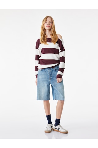 Koton Rahat Kalıp Modal Karışımlı Omzu Açık Kayık Yaka Sweatshirt Bordo Çizgili 6sal10418ık Bordo Çizgili