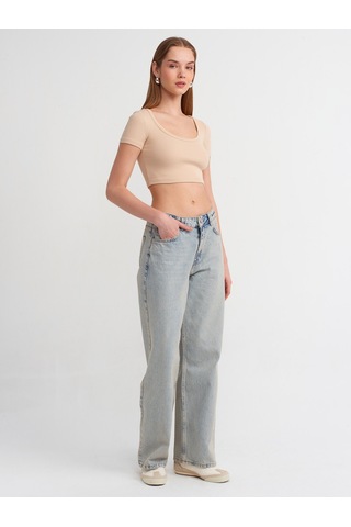 Dilvin Kısa Kollu Crop Top Bej Açık Bej