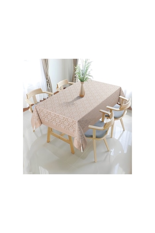 Pamuklu Damask Desen Bej Renk Lüks Masa Örtüsü 160x220 Cm