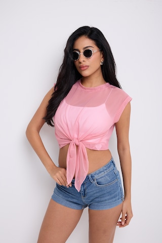 Önü Bağlamalı Tül Bluz Toz Pembe