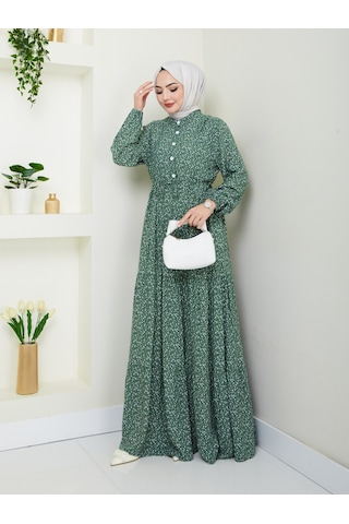Düğme Detaylı Çiçekli Viskon Elbise - Haki / E0123 Haki