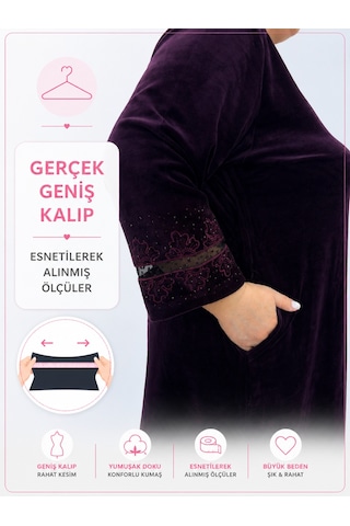 Büyük Beden Bisiklet Yaka Boydan Fermuarlı Taş İşlemeli Tül Detaylı Kapri Kol Diz Üstü Kadın Depresyon Bornoz Mürdüm