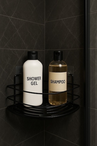 Krom Yapışkanlı Üçgen Tek Katlı Banyo Ve Mutfak Rafı Duş Şampuanlık Duvar Düzenleyici Organizer Siyah