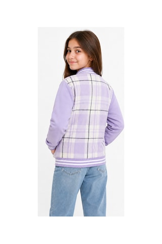 İrem Çocuk Giyim Kız Çocuk Ekose Desenli Yazılı Cepli Lila Renk Oversize Kolej Hırka Lila