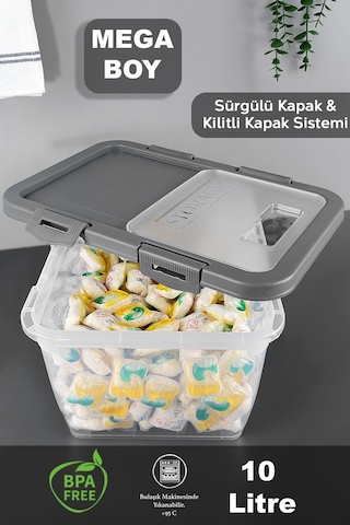 2 Adet Etiketli Deterjan Saklama Kutusu - Kilitli Kayar Kapak Tablet Toz Deterjan Kabı 10 Lt Gri Gri