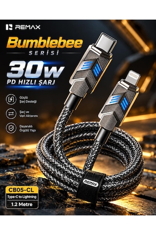 Remax Cb05-cl Bumblebee Serisi 30w Pd Type-c To Lightning Led Işıklı Çinko Alaşımlı Örgülü Hızlı Şarj Ve Data Kablosu 1.2 Metre Siyah