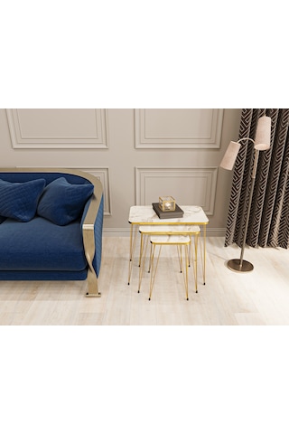 Zigon Sehpa 3'lü Dikdörtgen Gold Tel Ayaklı Beyaz Mermer-Gold