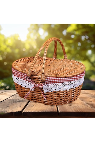 Homyl Piknik Sepeti Kırsal Pratik Hasır Depolama Park Açık Kırmızı Kareli