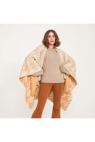 Kaz Ayağı Desen Çift Taraflı Triko Kadın Şal Panço-Safran-140X140 Safran