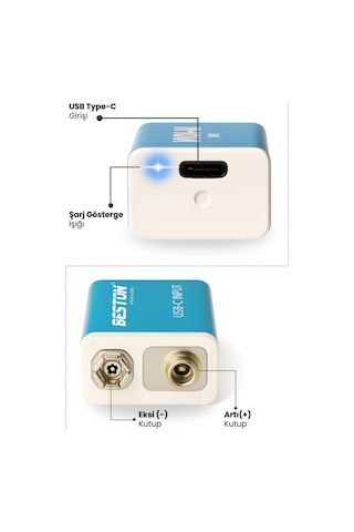 Type-c Usb Şarjlı 9v Pil Beston 1200mah 4500mwh Uzun Ömürlü 500 Şarj Döngüsü
