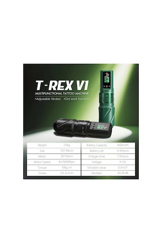 T-rex Sonic Green Kablosuz Dövme Makinesi 7 Stroke Ayarlı Oled Ekranlı