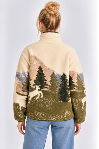 Mevese Cepli Ve Yarım Fermuarlı Dik Yaka Desenli Kadın Oversize Polar Sweat - Krem-yeşil