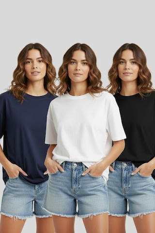 Soft&Basic Kadın 3'lü %100 Organik Pamuk Oversize Fit Basic Yuvarlak Yaka T-shirt Siyah - Beyaz - Lacivert