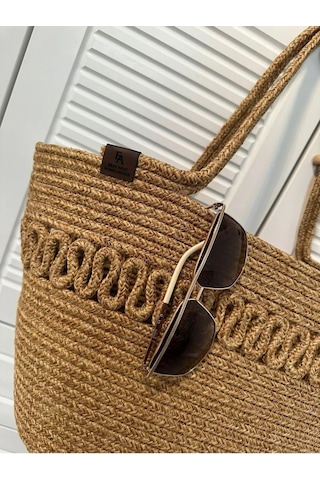 Doğal Hasır Jüt El Örmesi Bayan Çanta-bej Kırçıllı Trikotlu Bej