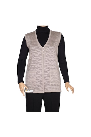 Hesna Kadın Yakut Triko Ajurlu Cepli Düğmeli Yırtmaçlı Taş Beji Yelek Bej