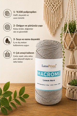 Lanaprime Makrome Örgü İpi 1,4mm 230mt Çanta İpi 200gr Polipropilen - Taş