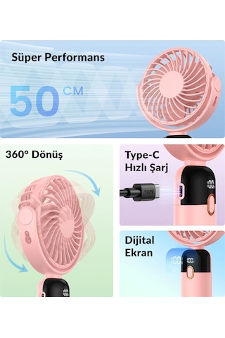 Warmco K70 Taşınabilir Şarjlı El Vantilatörü 2400mah 360 Döner Başlıklı Ve Standlı Dijital Ekranlı Soğutucu Fan Pembe
