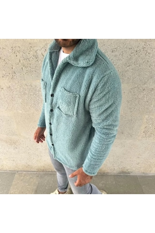 Valensdesign Erkek Pelüş Polar Hırka Gömlek Yakalı İlik Düğmeli Göğüs Cepli Yumuşak - Bebe Mavisi