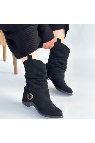 Canty Siyah Süet Körüklü Topuklu Çizme Siyah
