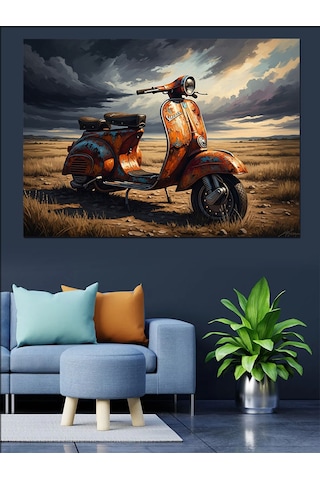 Ahşap Tablo Issız Yolda Turuncu Scooter Dekoratif Tablolar