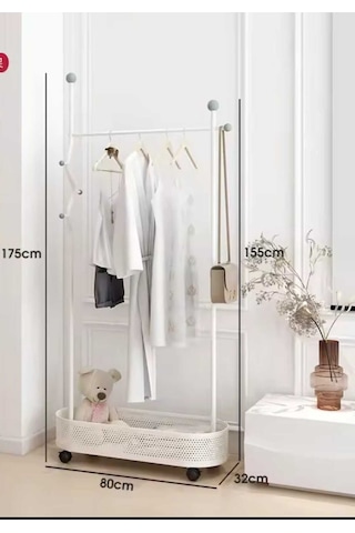 Metal Krem Konfeksiyon Askısı Metal Elbise Askılığı Oval Sepetli Askılık Tekerlekli 1047 -cn Bej