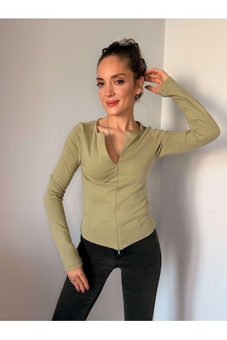 Ali Butik Çağla Çift Fermuarlı Uzun Kollu Bluz Çağla