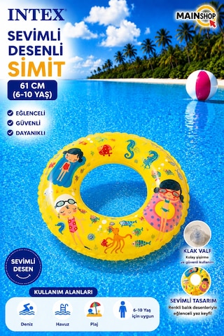 Mainshop Intex Şeffaf Baskılı Çocuk - Deniz Simidi 61 Cm 6-10 Yaş - Renkli Yüzme Simidi M-59242